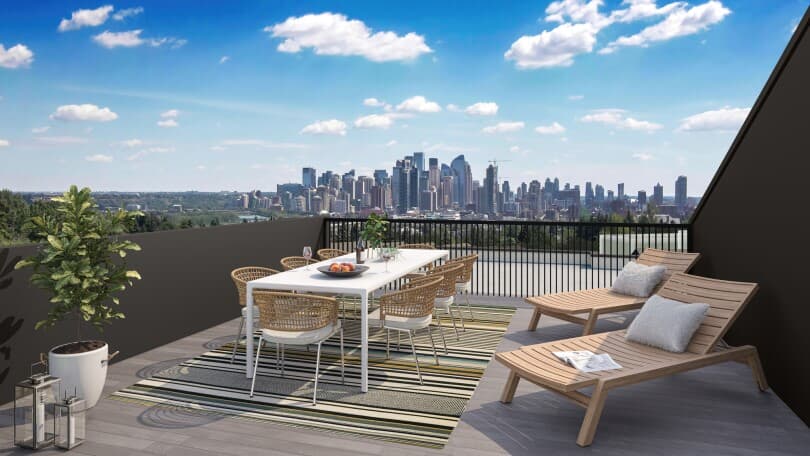 Rendering of a Crown Park rooftop patio with downtown Calgary view