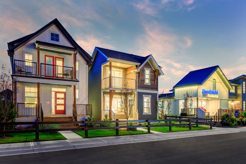 Panoramic street scene of homes at Seton by Brookfield Residential in Calgary, AB