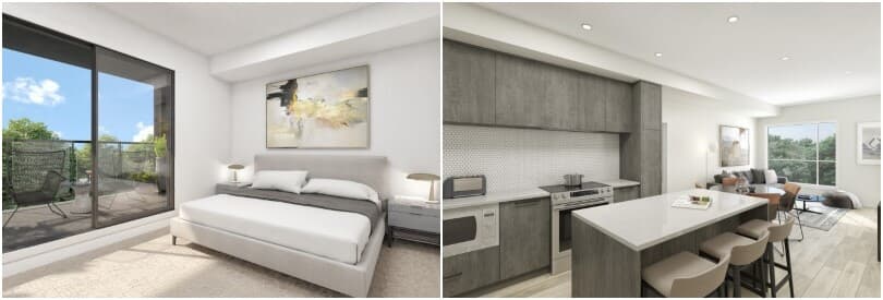 Rendering of a bedroom and kitchen in Capella Condos at University District in Calgary, AB