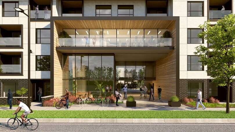 Rendering of the glass breezeway at Capella Condos at University District in Calgary, AB