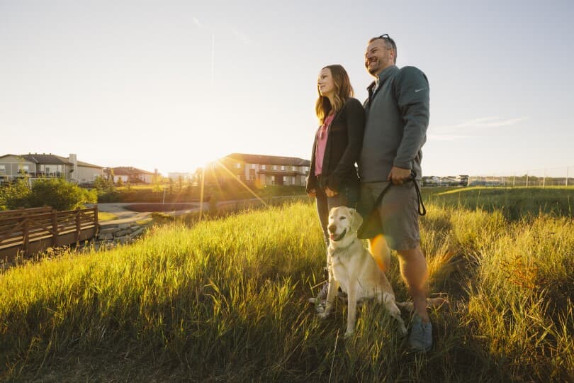 Couple standing in a field with their dog at Chinook Gate by Brookfield Residential in Calgary, AB