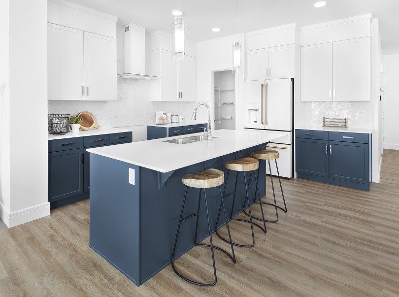 Navy and white designer kitchen Purcell at Chappelle Gardens in Edmonton, AB