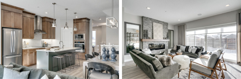 L: Carlisle 2 Kitchen; R: Carlisle 2 Great Room | Livingston in Calgary, Alberta | Brookfield Residential