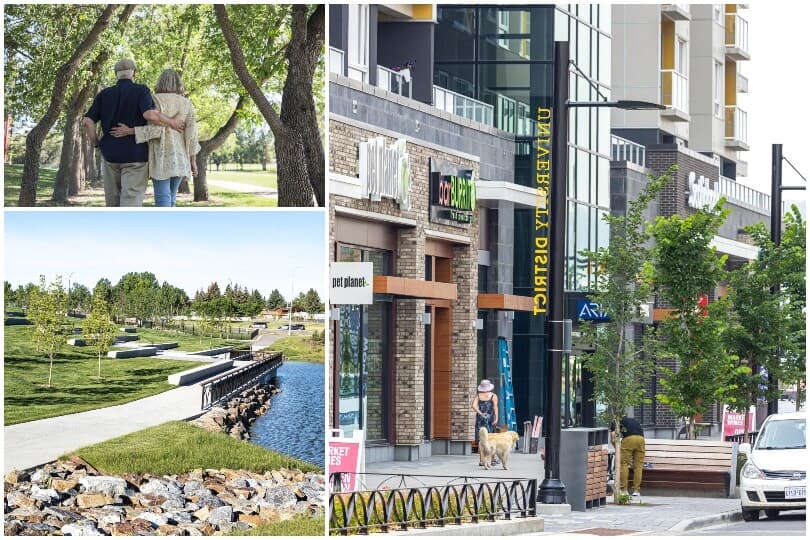 Collage of a couple strolling, a trail by a lake, and downtown University District in Calgary, AB