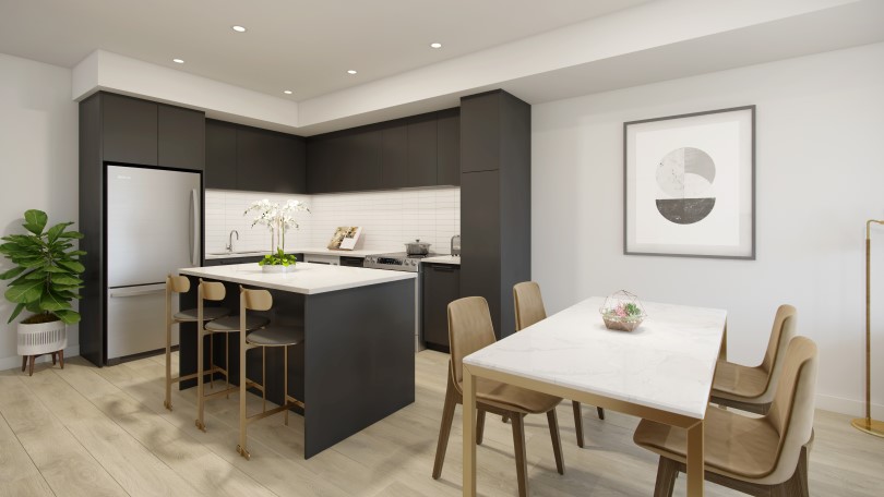 Rendering of the kitchen and dining area in Capella Condos at University District in Calgary, AB