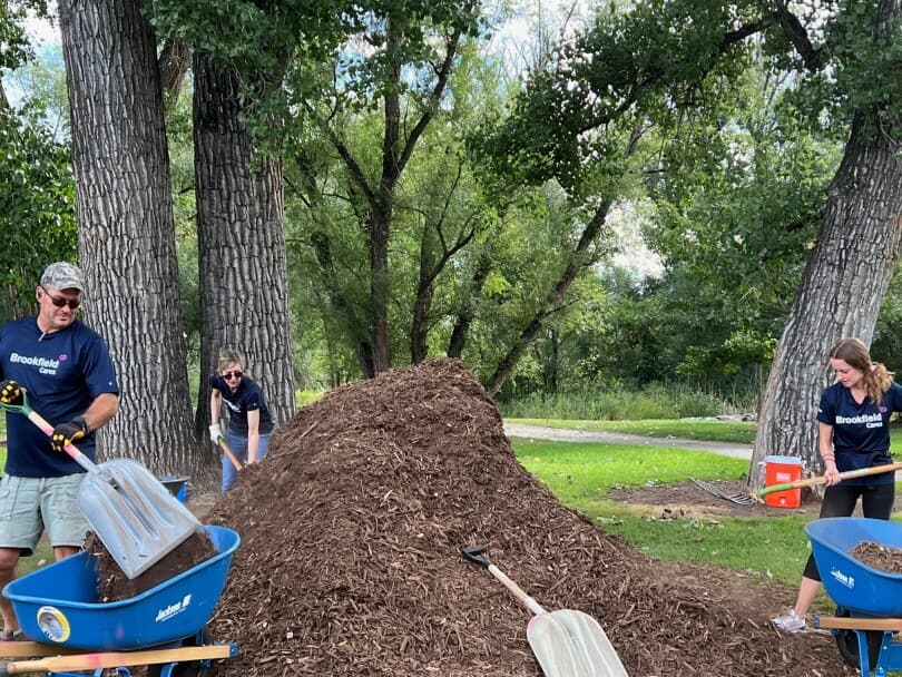 Brookfield Residential team members shoveling mulch at a park in Denver, CO