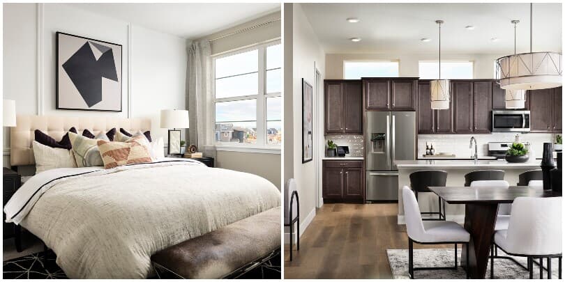 Bedroom and kitchen in the Cadence Townhomes at Central Park in Denver, CO
