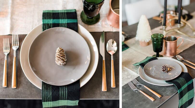 Modern holiday table setting with plaid napkins and gold utensils at a Brookfield Residential home in Dublin, CA