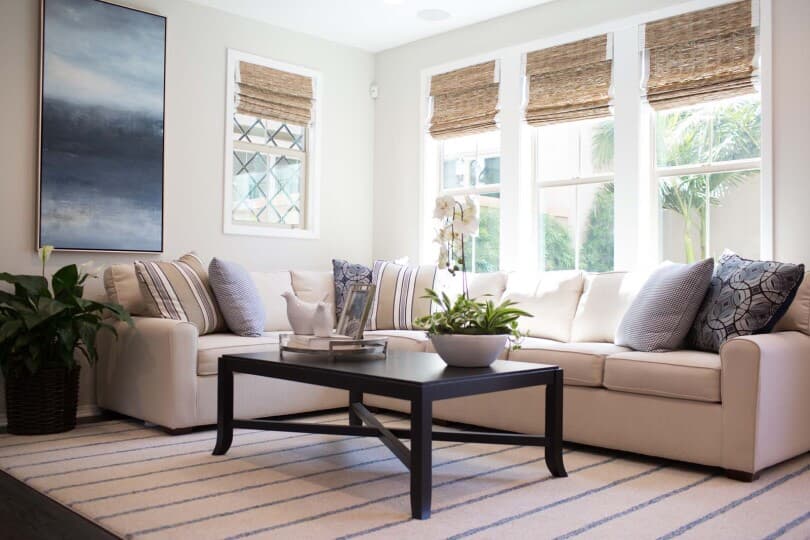 Roman shades in the living room of Legado in Irvine, CA by Brookfield Residential