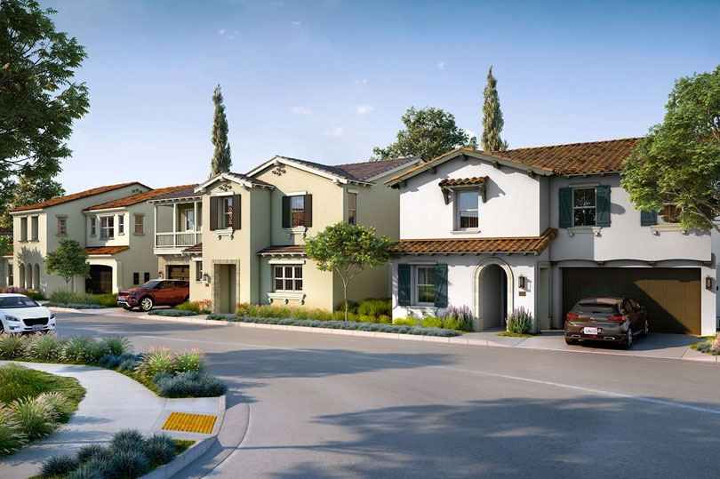 A photorealistic image of a street view with homes located in Rancho Tesoro