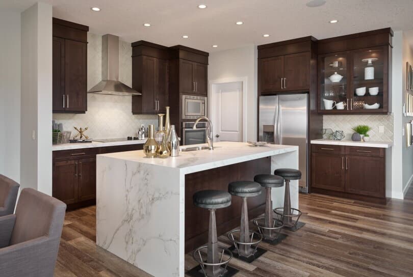 Marble countertop in Savona 3 at Cranstons Riverstone by Brookfield Residential in Calgary, AB