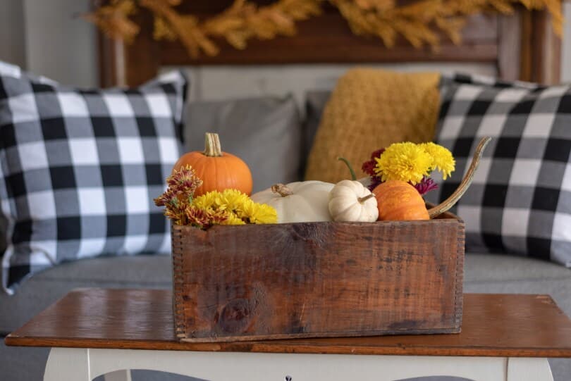Wood bin filled with pumpkins and flowers in front of a couch with buffalo check pillows
