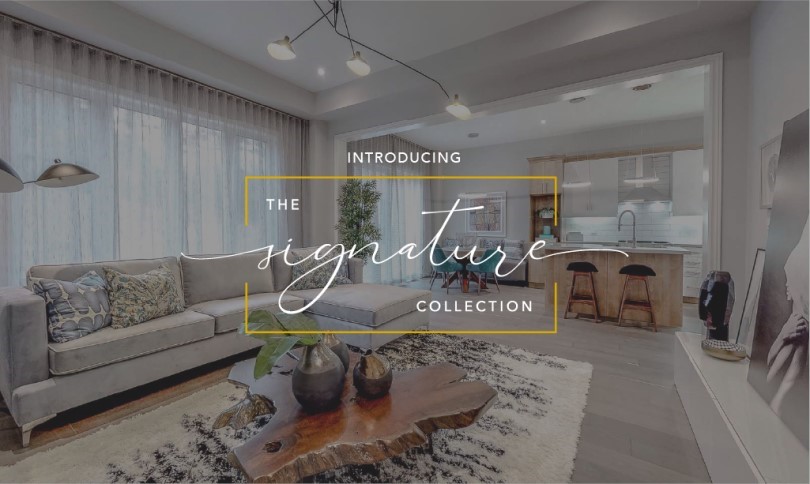 The Signature Collection logo overlayed on an interior shot including the living area at Woodhaven in Aurora, ON - 810x484