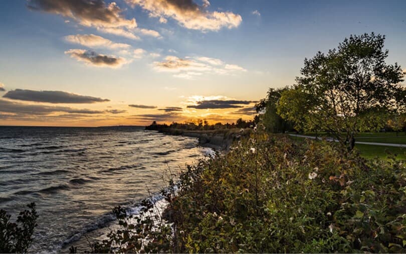 Coastline at sunset along Lake Ontario in Ajax, Ontario