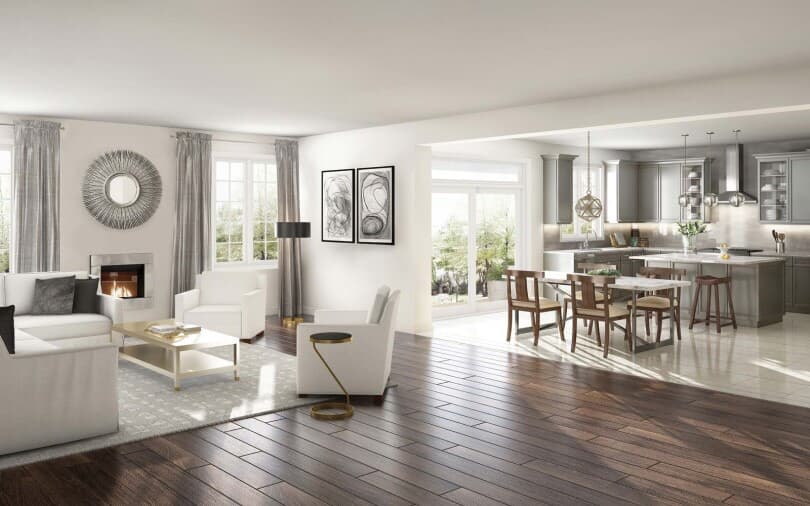 Rendering of the family room and kitchen in the Grandview Collection at Pathways in Caledon East, ON
