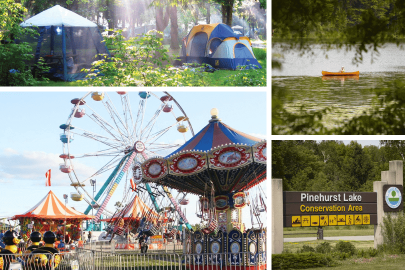 Clockwise from top left: camping at the Pinehurst Lake Conservation Area (photo via the Grand River Conservation Area), canoeing on Pinehurst Lake, the Pinehurst Lake Conservation Area’s main sign and the Paris Fair (photo via Campbell Amusements, the Paris Fair’s entertainment provider).