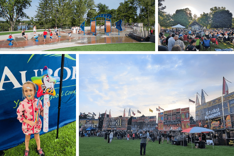 Clockwise from top left: Lake Wilcox Park’s splash pad (photo via Richmond Hill’s website), Concerts in the Park, the scene at Aurora Ribfest and a girl with face-painting at Aurora Ribfest (last 3 photos via the Town of Aurora’s website).