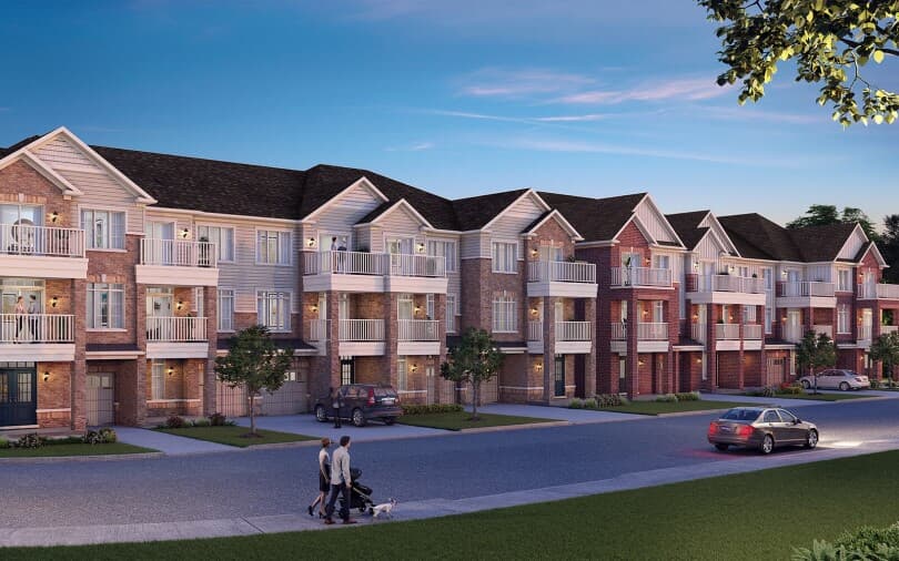 Exterior streetscape rendering of townhomes at Pinehurst in Paris, ON by Brookfield Residential