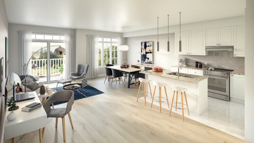 Interior rendering of the kitchen, dining, and living area in a townhome at Pinehurst in Paris, ON