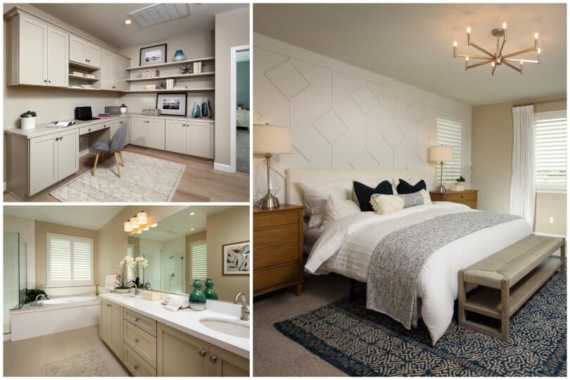Collage of primary suite, bath, and desk area in Residence 7 at Chandler in Brentwood, CA