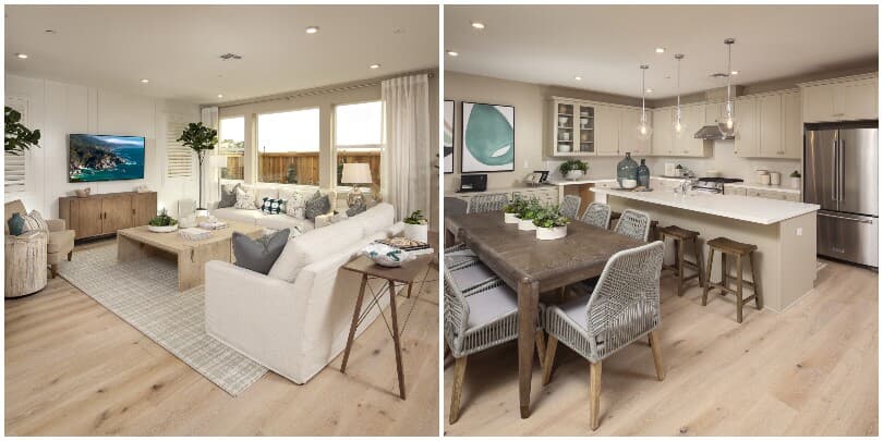 Interior view of the living, dining, and kitchen areas in Residence 7 at Chandler in Brentwood, CA