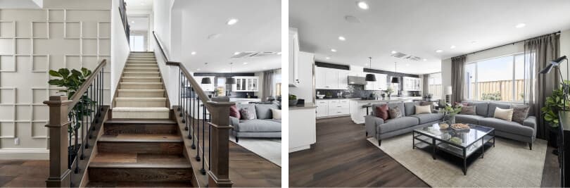L: Mulholland Staircase; R: Mulholland Great Room | Boulevard in Dublin, California | Brookfield Residential