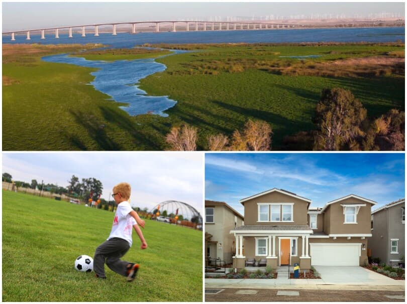 Collage of a marsh, kid playing soccer, and a Brookfield Residential home in Oakley, CA