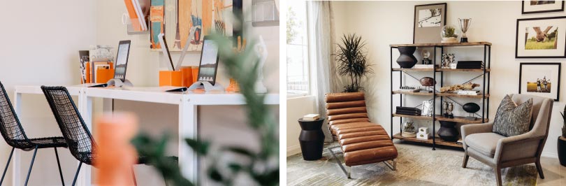 Left: A home office can also be used for those doing homework, Right: Having a comfortable sitting area in your office is a great opportunity to recharge without losing focus