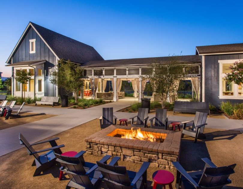 Fire pit and chairs at The Ranch House at Audie Murphy Ranch in Menifee, CA