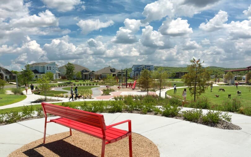 Red bench at Easton Park in Austin, TX by Brookfield Residential