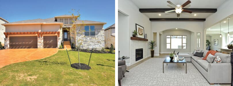 L: West Rim Exterior; R: Living Room | New Homes at Rough Hollow in the Austin, Texas Area | Brookfield Residential
